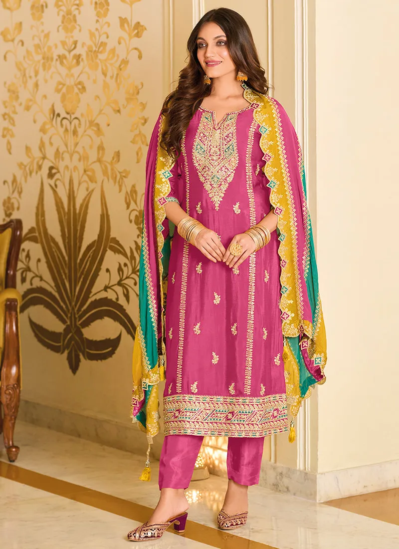 Pink Multi Embroidery Traditional Pant Style Suit