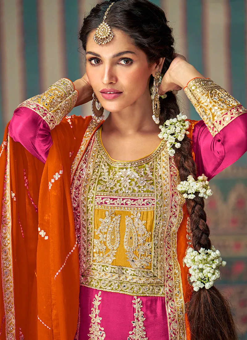 Pink Multicolored Mirror Work Palazzo Suit