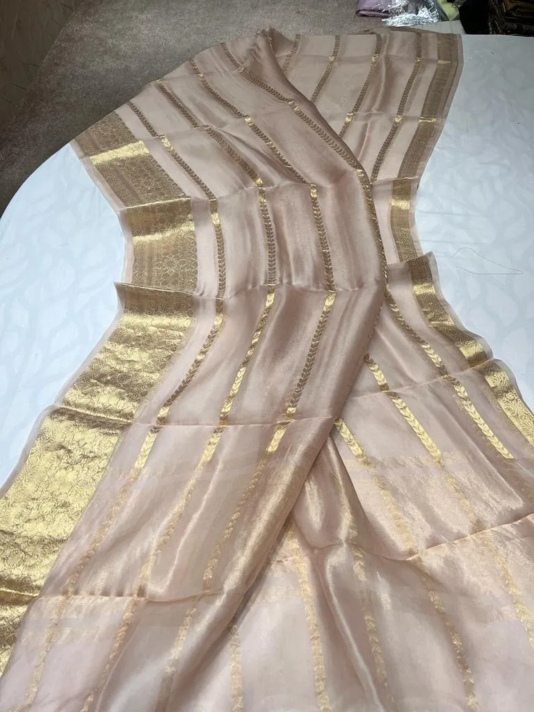 Pretty Peach Banarasi Kora Silk Elegant Saree