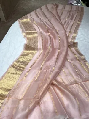 Pretty Peach Banarasi Kora Silk Elegant Saree