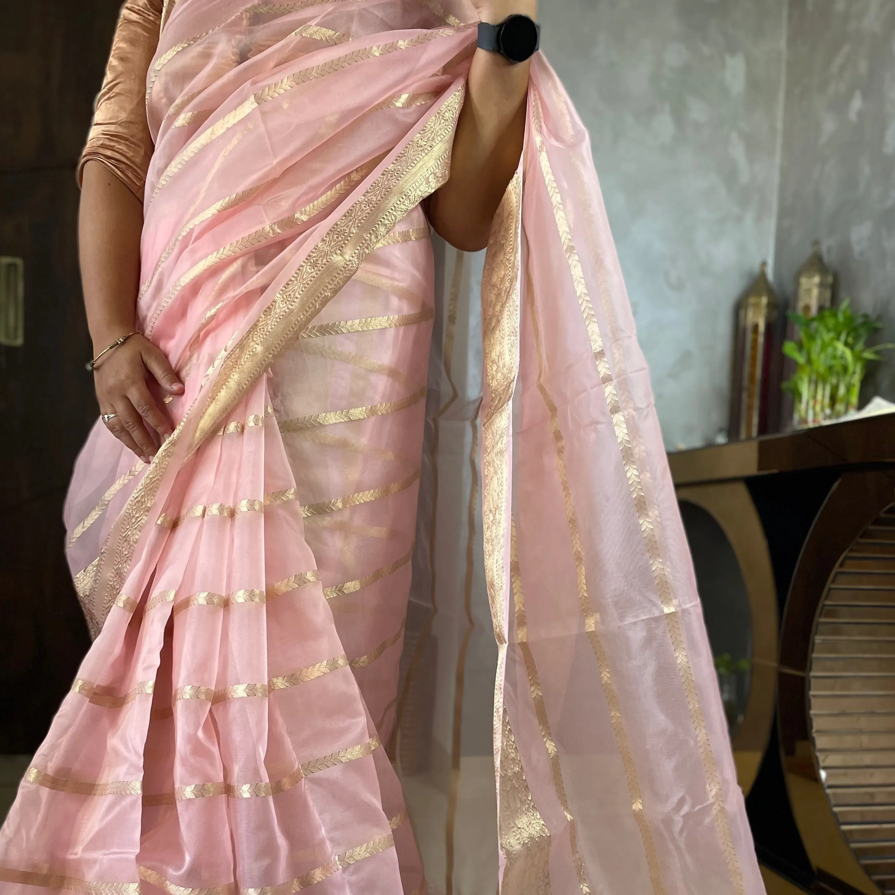 Pretty Peach Banarasi Kora Silk Elegant Saree