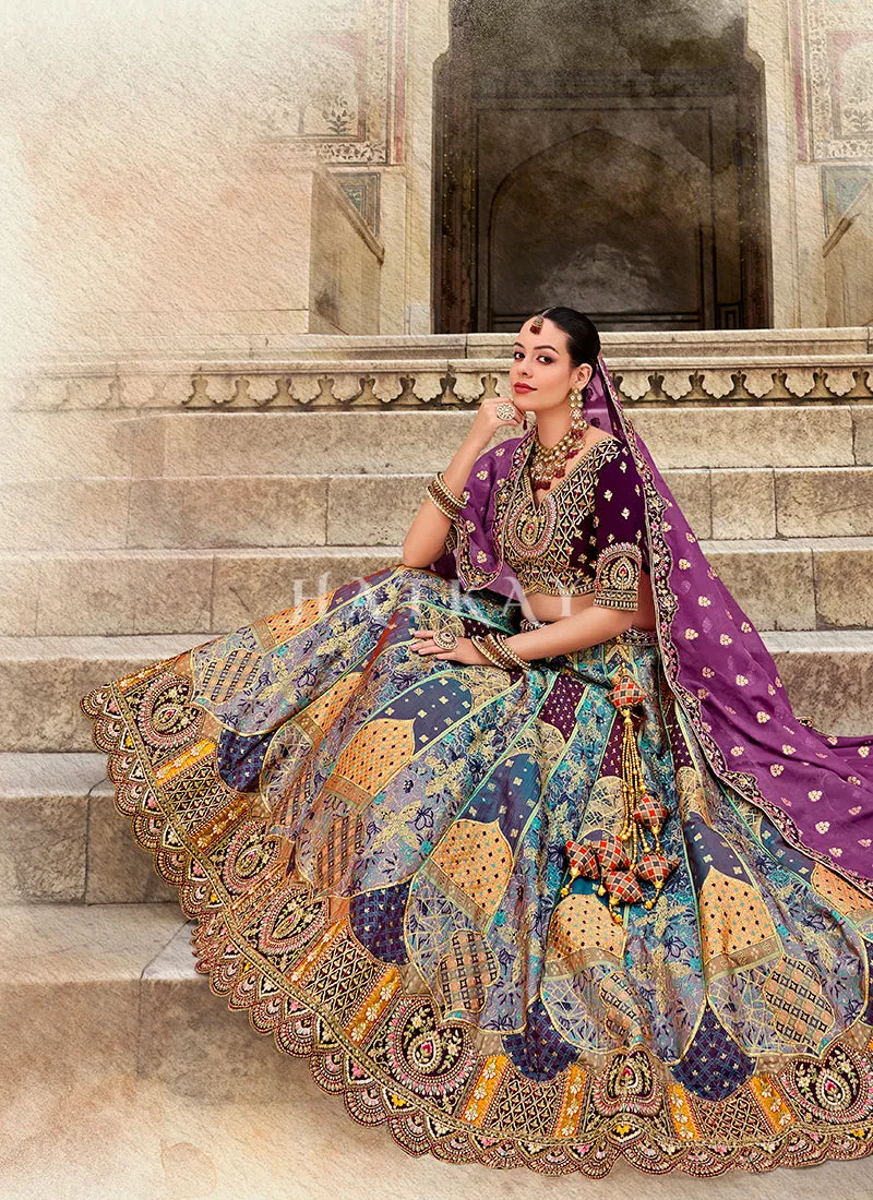 Purple And Blue Embroidery Silk Lehenga Choli