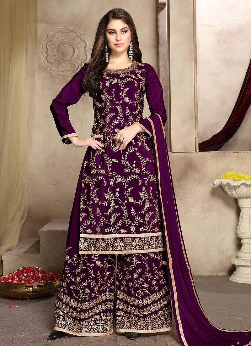 Purple And Golden Zari Embroidered Palazzo Suit