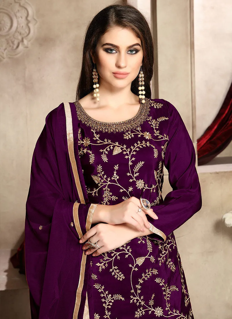 Purple And Golden Zari Embroidered Palazzo Suit