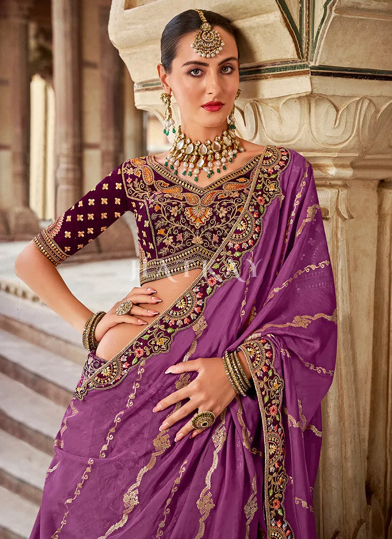 Purple And Pink Embroidery Silk Lehenga Choli