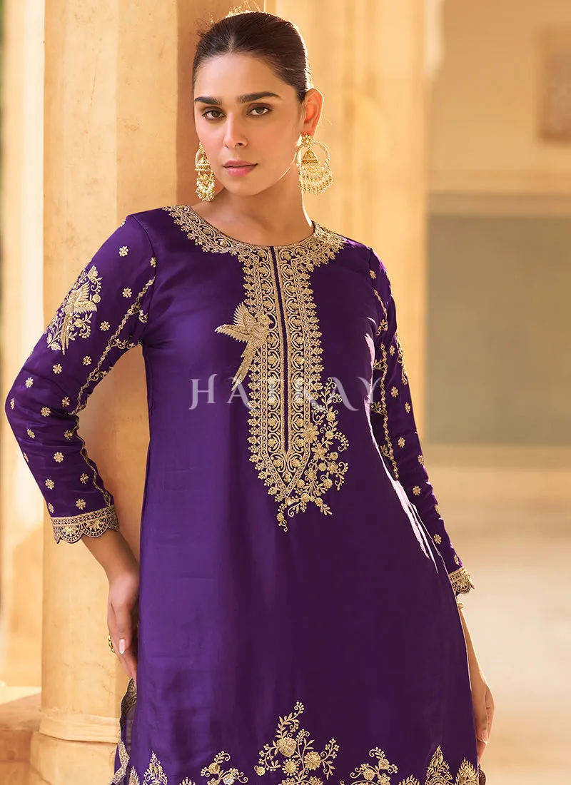 Purple Embroidered Dhoti Style Suit