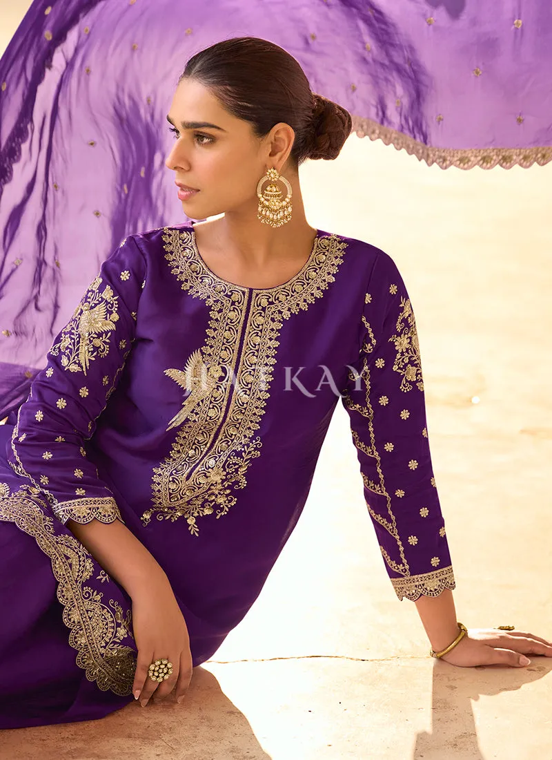 Purple Embroidered Dhoti Style Suit