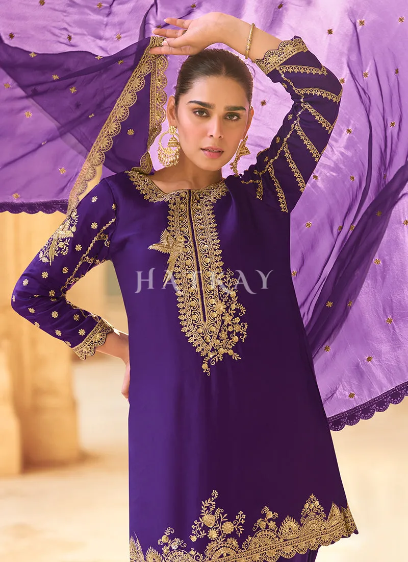 Purple Embroidered Dhoti Style Suit