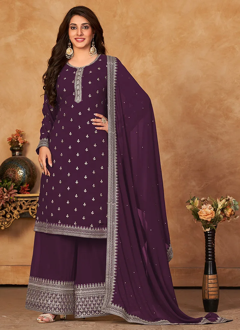 Purple Embroidery Traditional Palazzo Suit