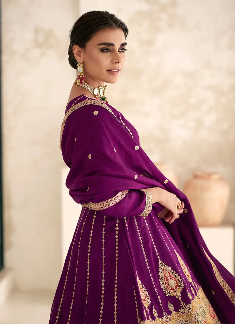 Purple Multi Embroidery Anarkali Dhoti Pant Suit