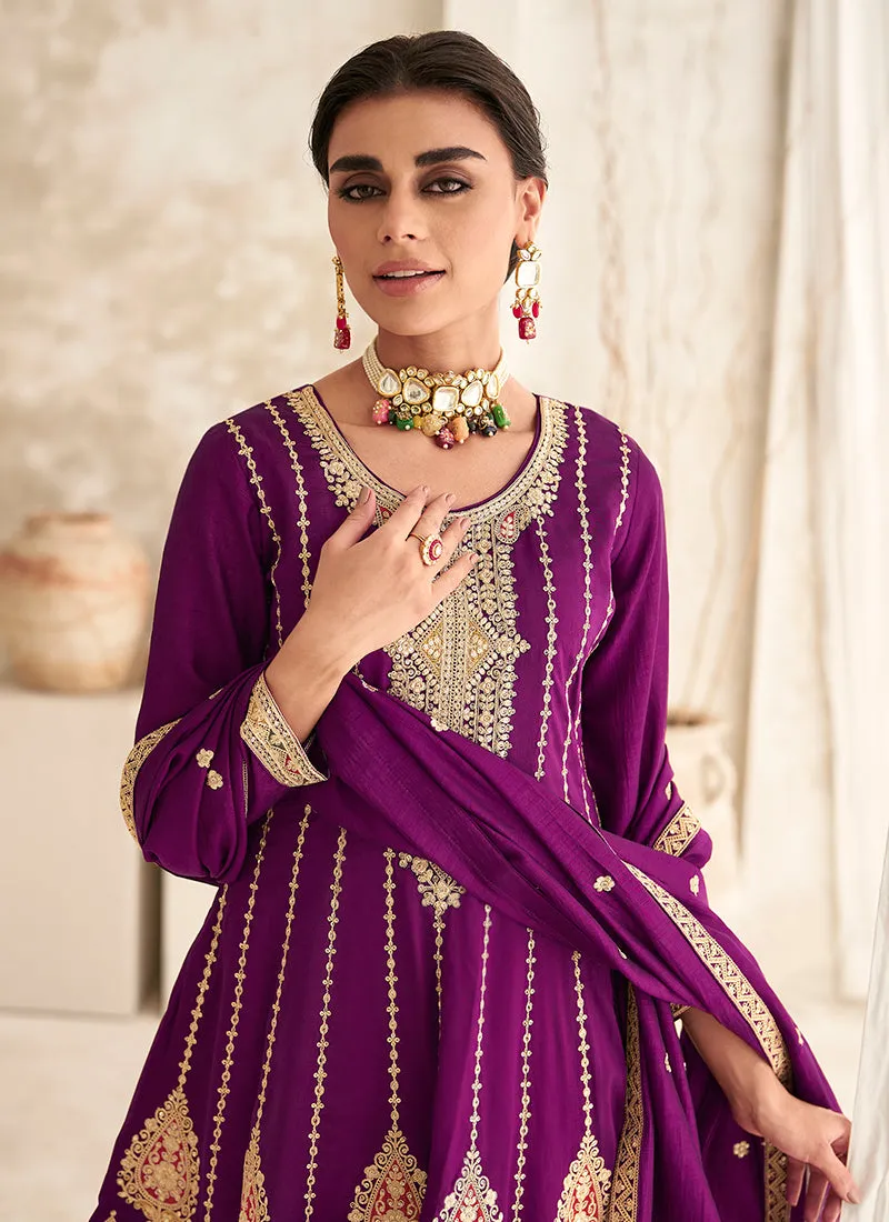 Purple Multi Embroidery Anarkali Dhoti Pant Suit