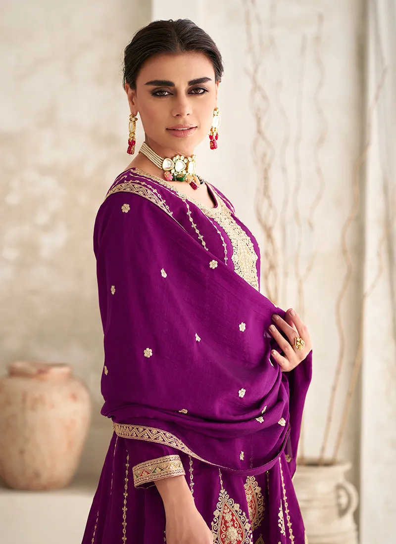 Purple Multi Embroidery Anarkali Dhoti Pant Suit