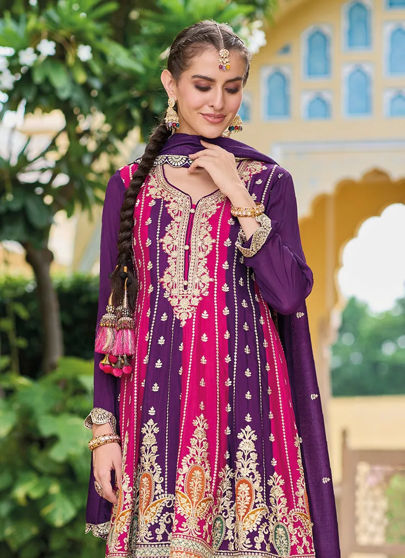 Purple Multicolored Embroidery Festive Pant Suit