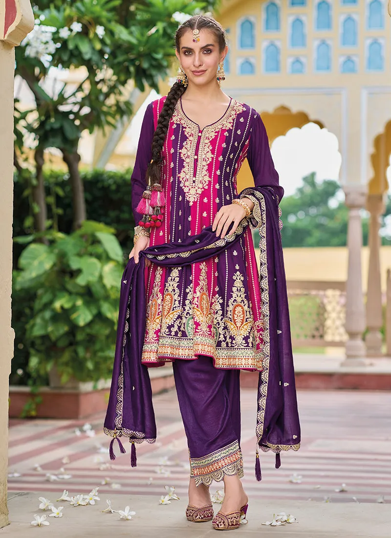 Purple Multicolored Embroidery Festive Pant Suit