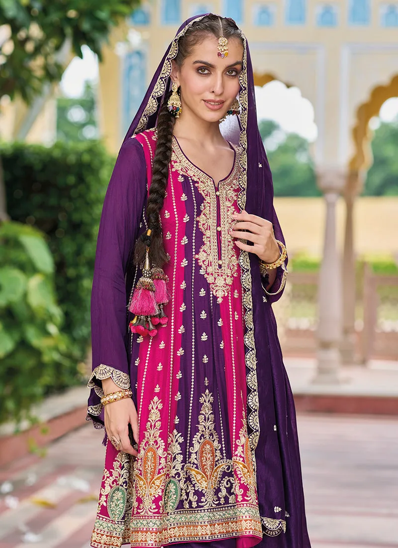 Purple Multicolored Embroidery Festive Pant Suit