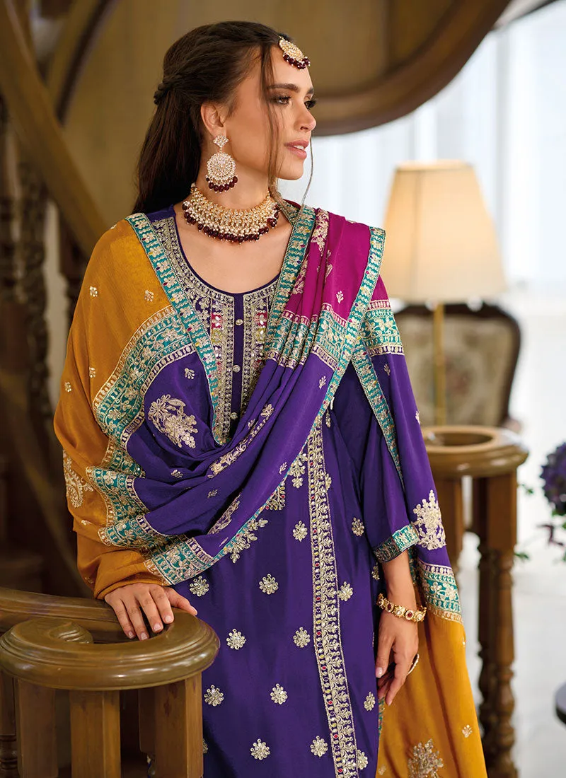 Purple Multicoloured Embroidery Pant Style Suit