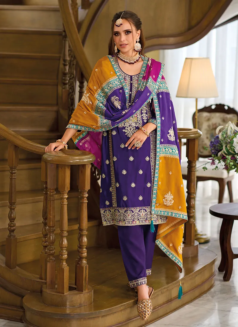 Purple Multicoloured Embroidery Pant Style Suit