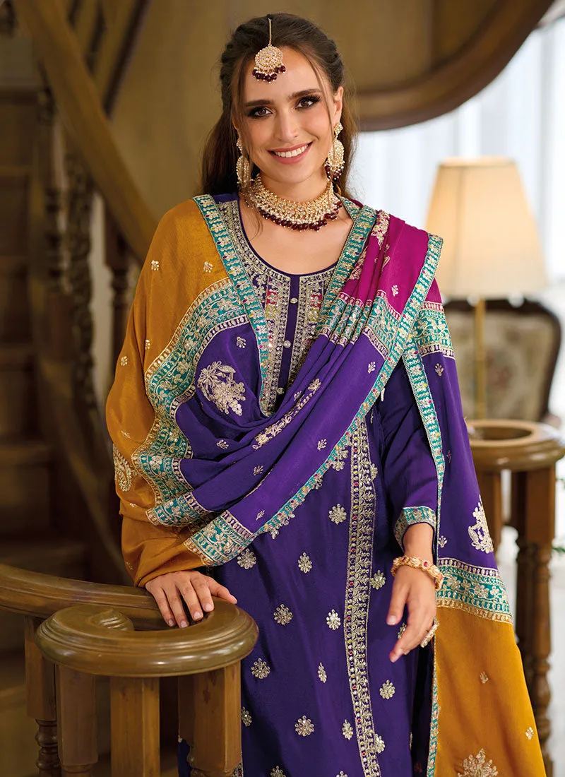Purple Multicoloured Embroidery Pant Style Suit