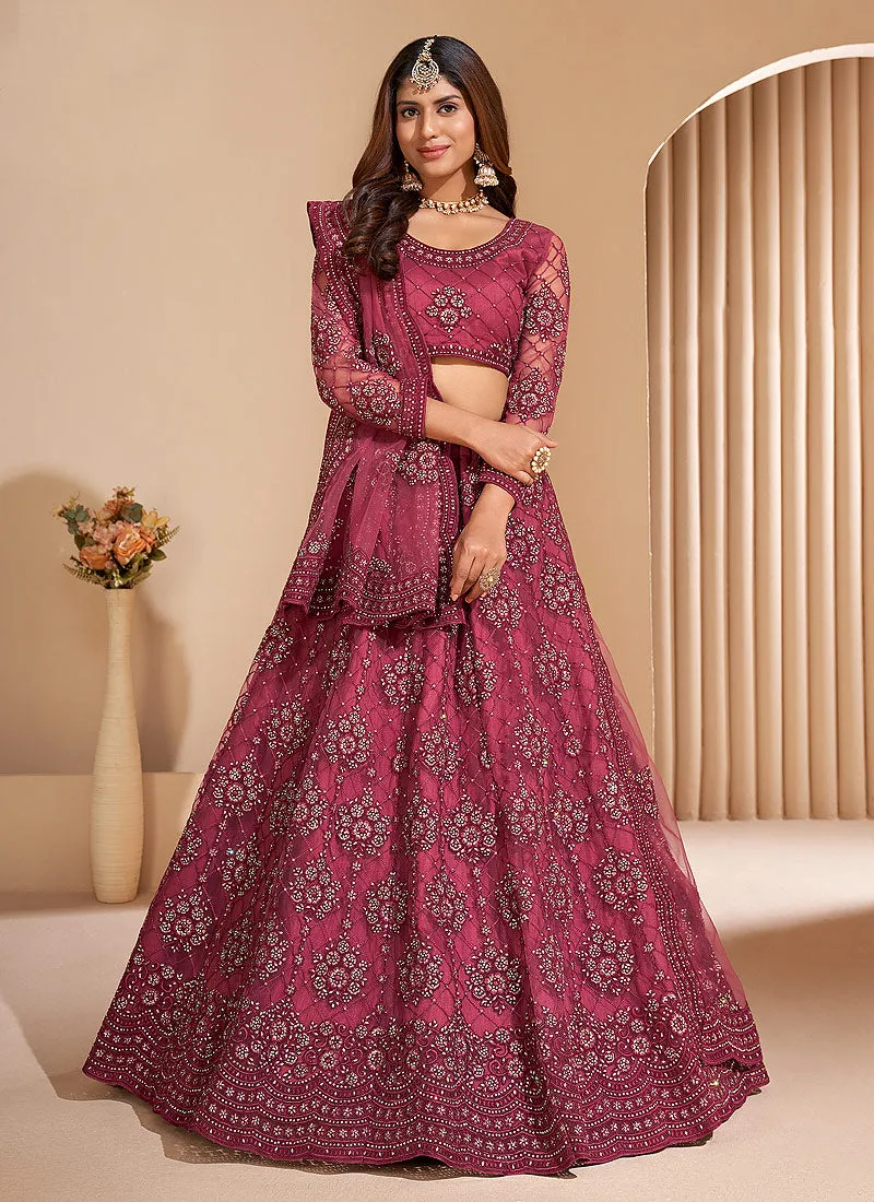 Rani Pink Embroidered Wedding Lehenga Choli