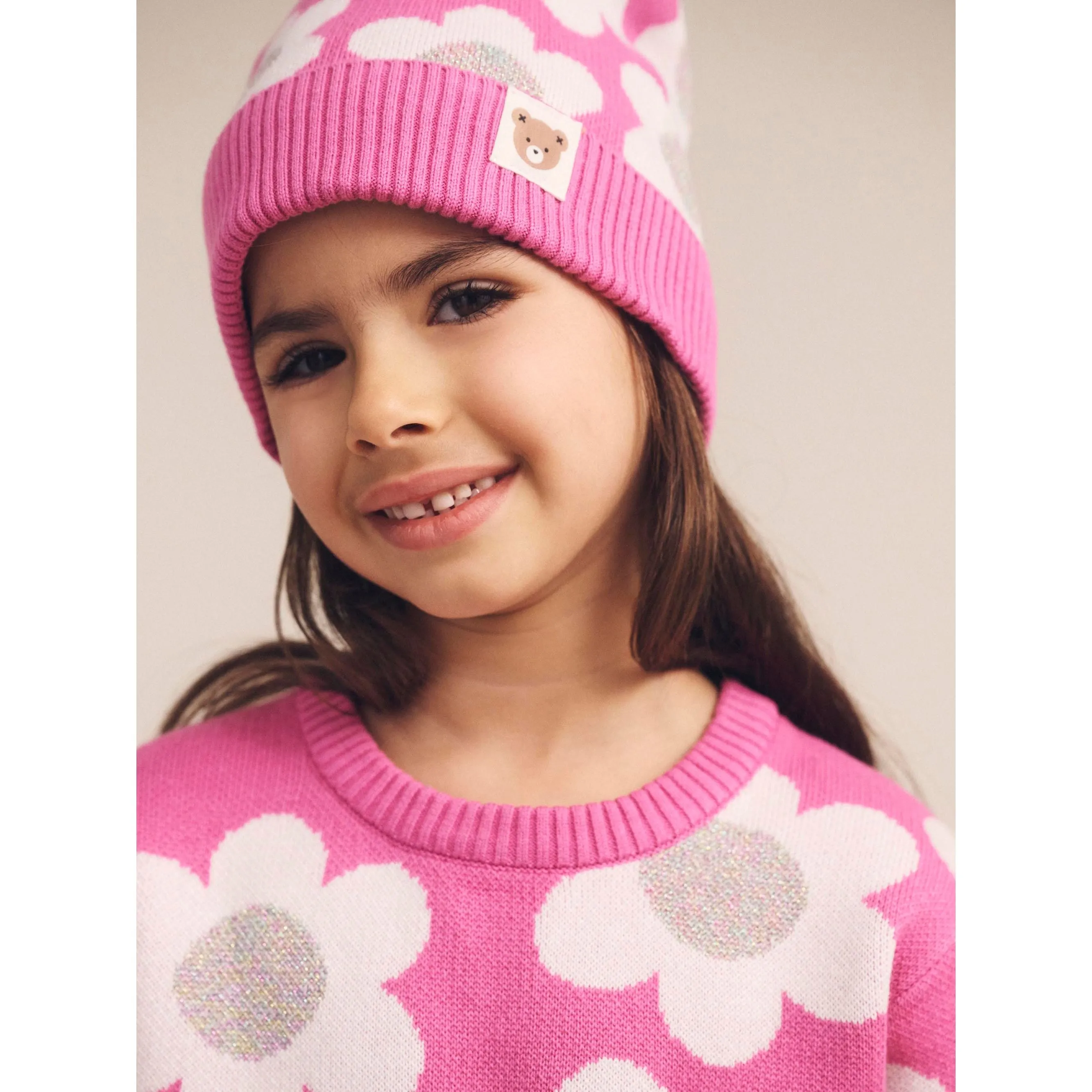 Raspberry Daisy Knit Beanie
