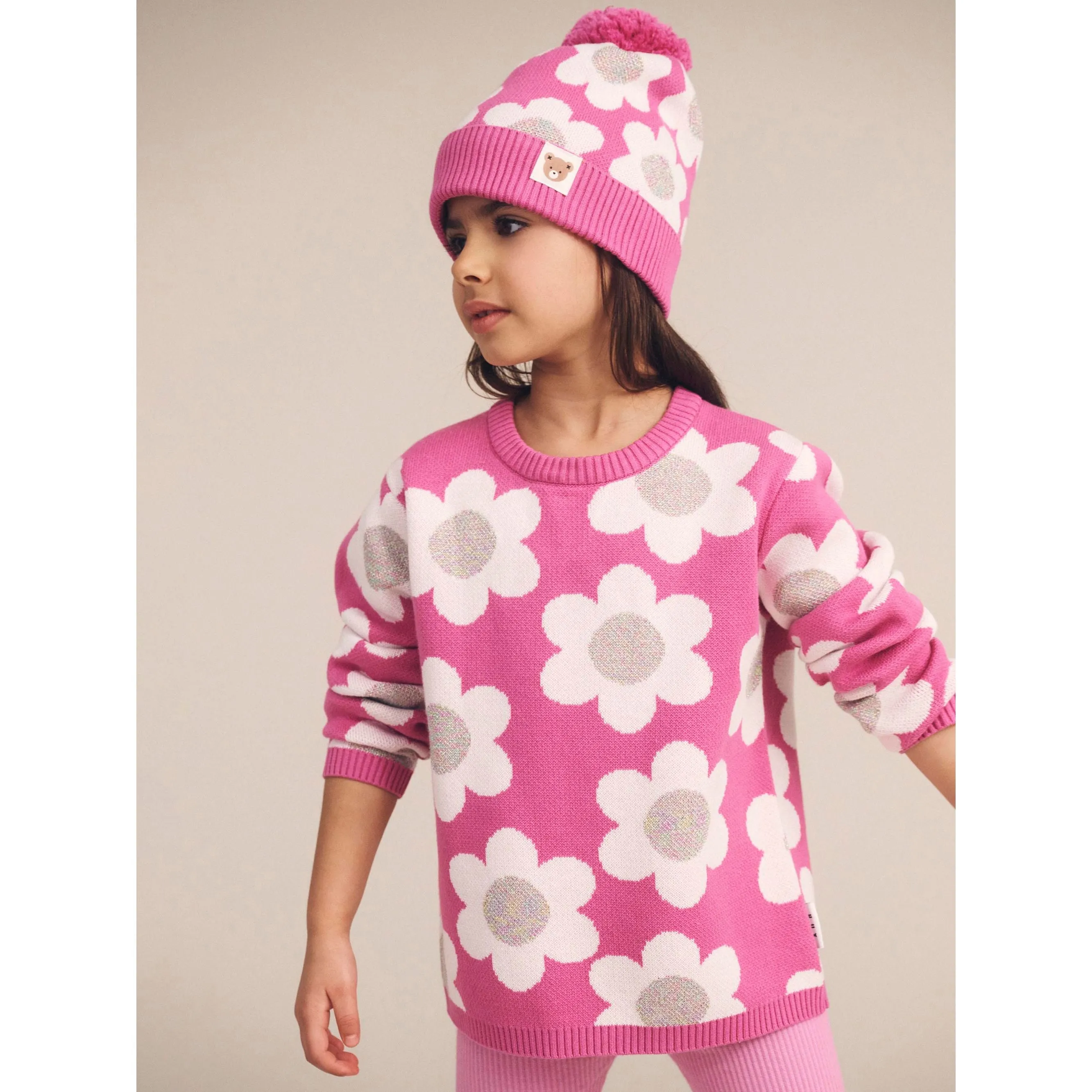 Raspberry Daisy Knit Beanie