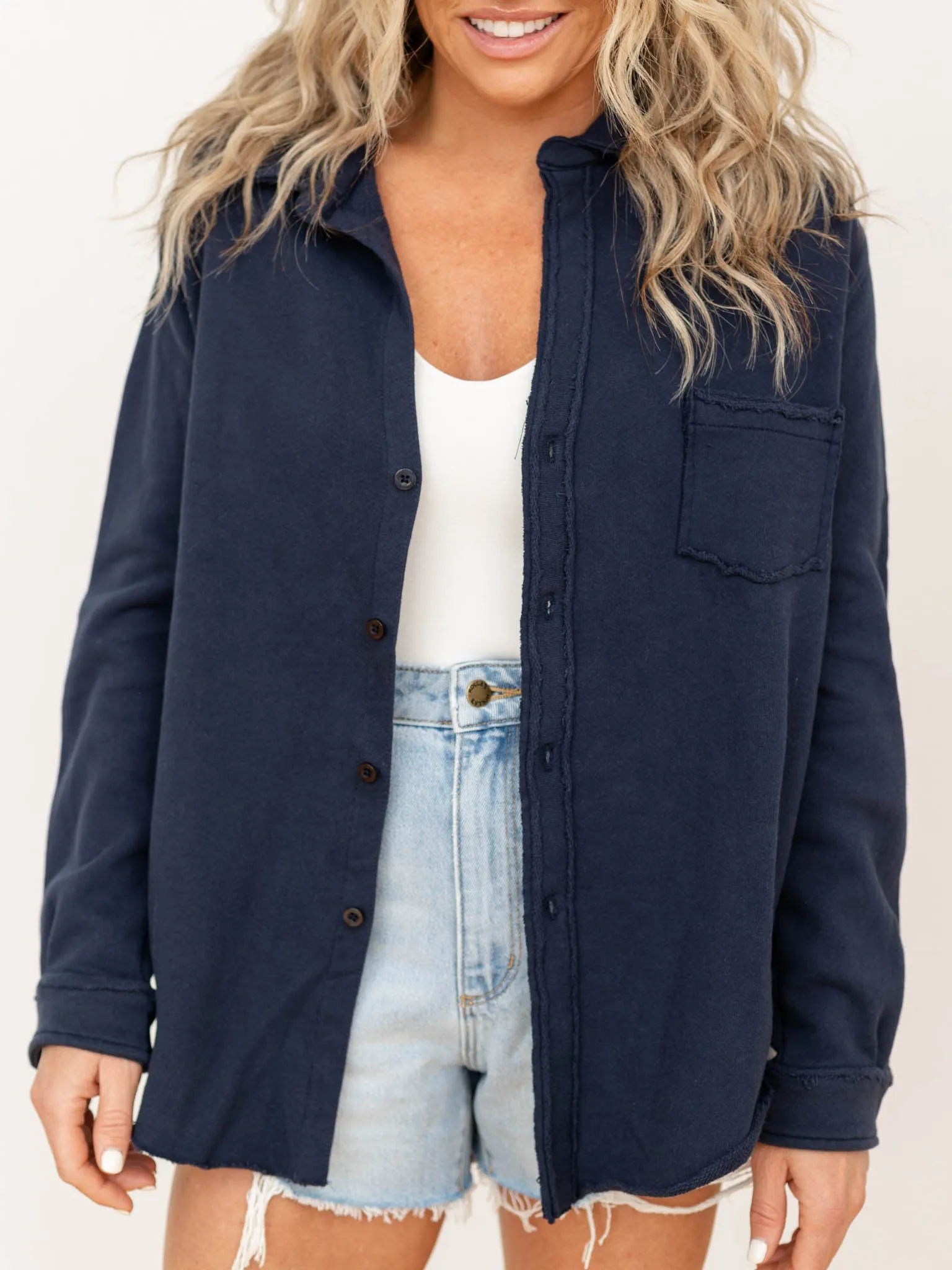 Raw Edge Cotton Button Down Shacket