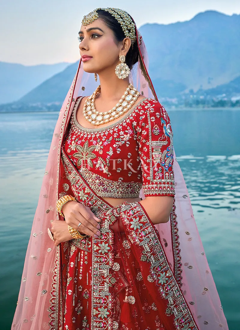 Red And Pink Traditional Embroidery Bridal Lehenga Choli