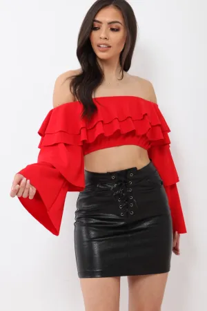 Red extreme Layered Frill Bardot Crop Top - Nevaeh