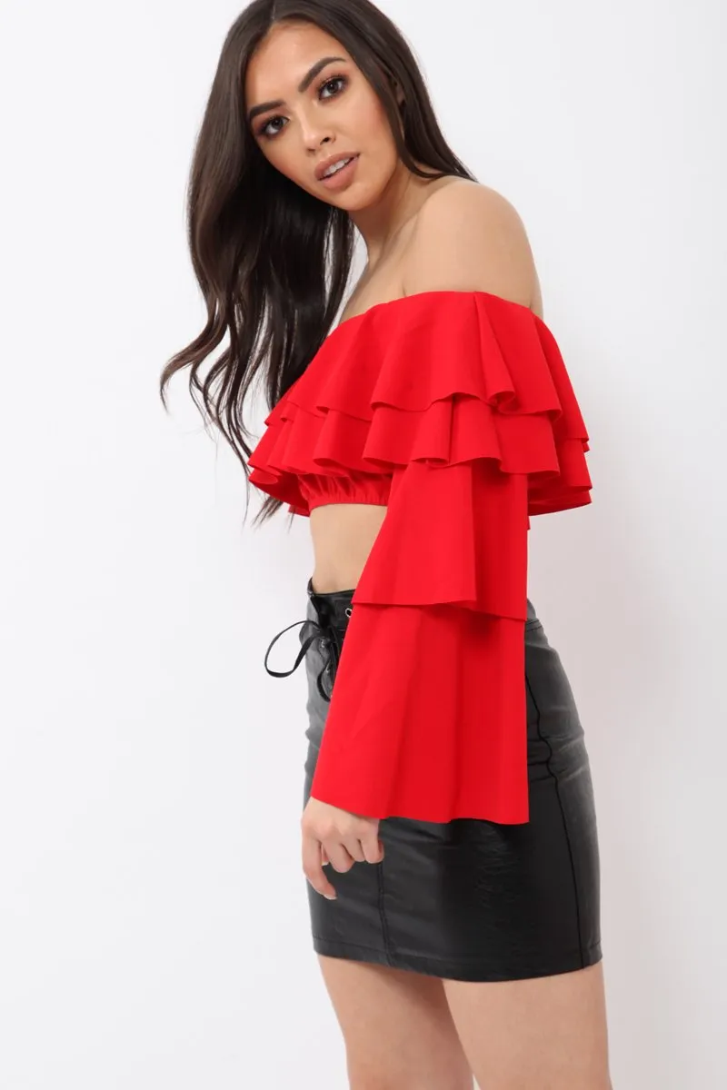 Red extreme Layered Frill Bardot Crop Top - Nevaeh