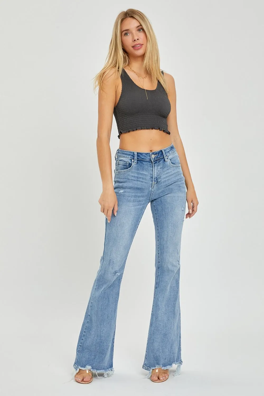 Risen High Rise Frayed Hem Flare Jeans