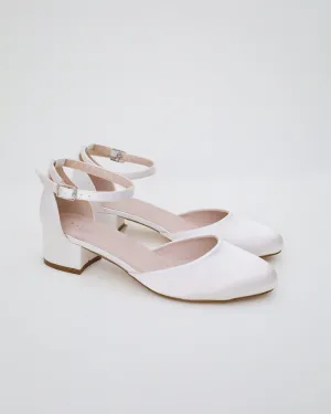 Round Toe Satin Block Heel with Ankle Strap