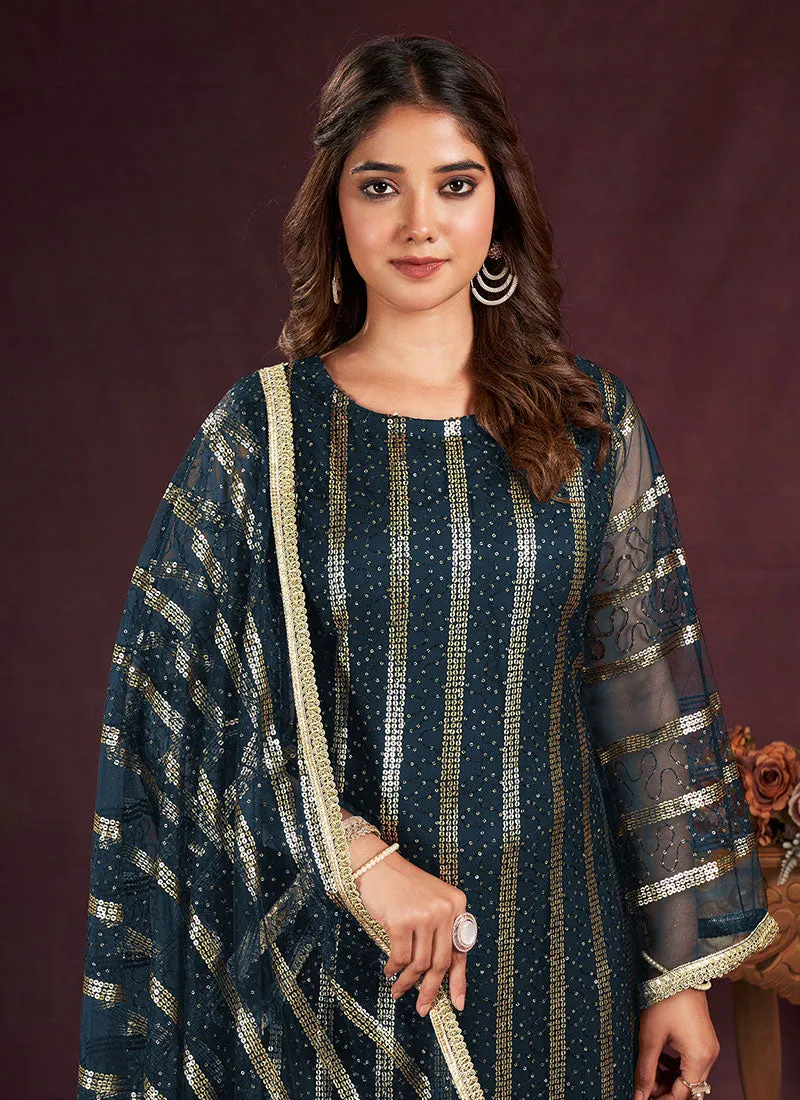 Royal Blue Sequence Embroidery Pant Style Suit