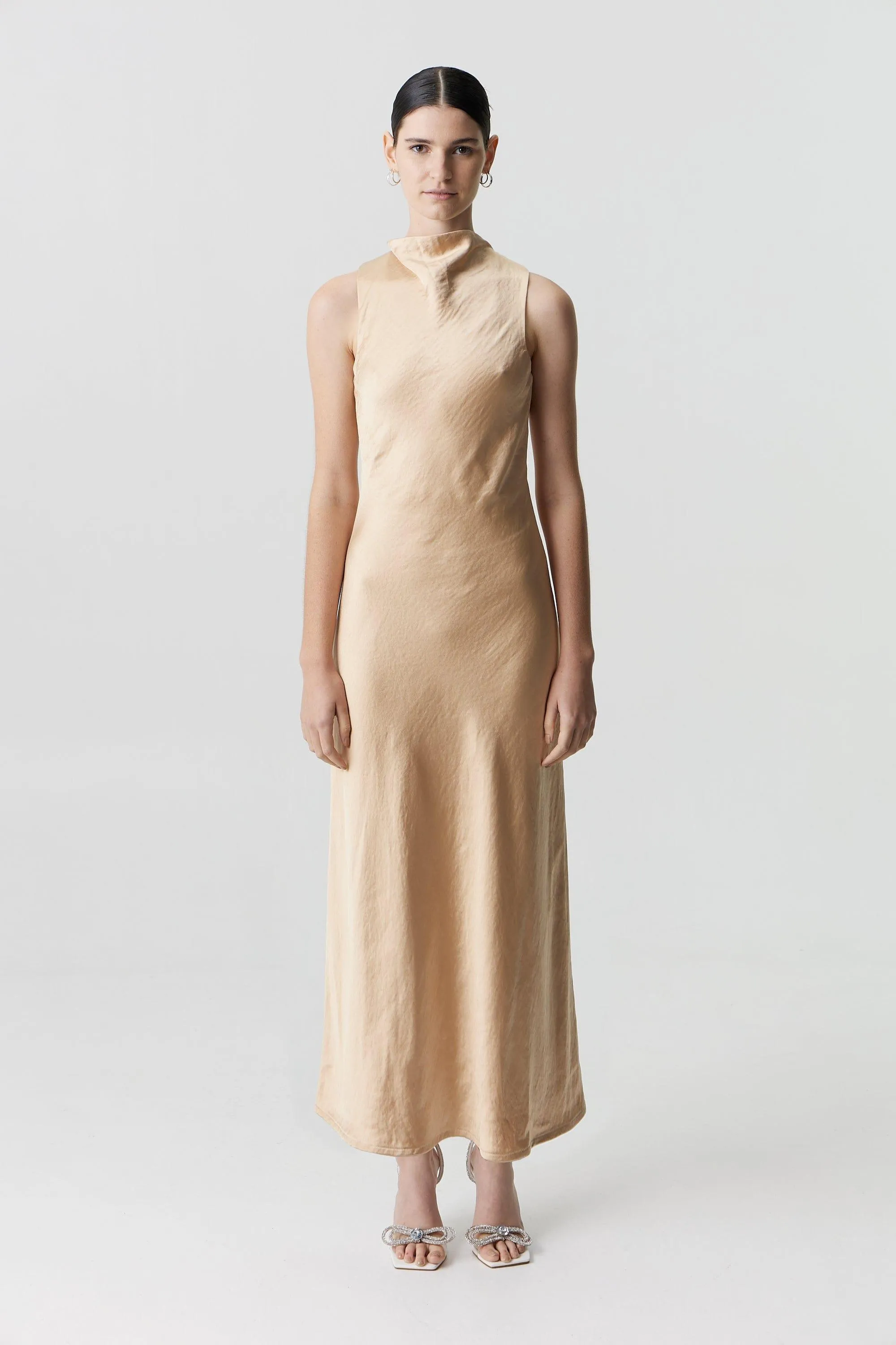 SATIN BIAS COWL BACK MAXI | SAND