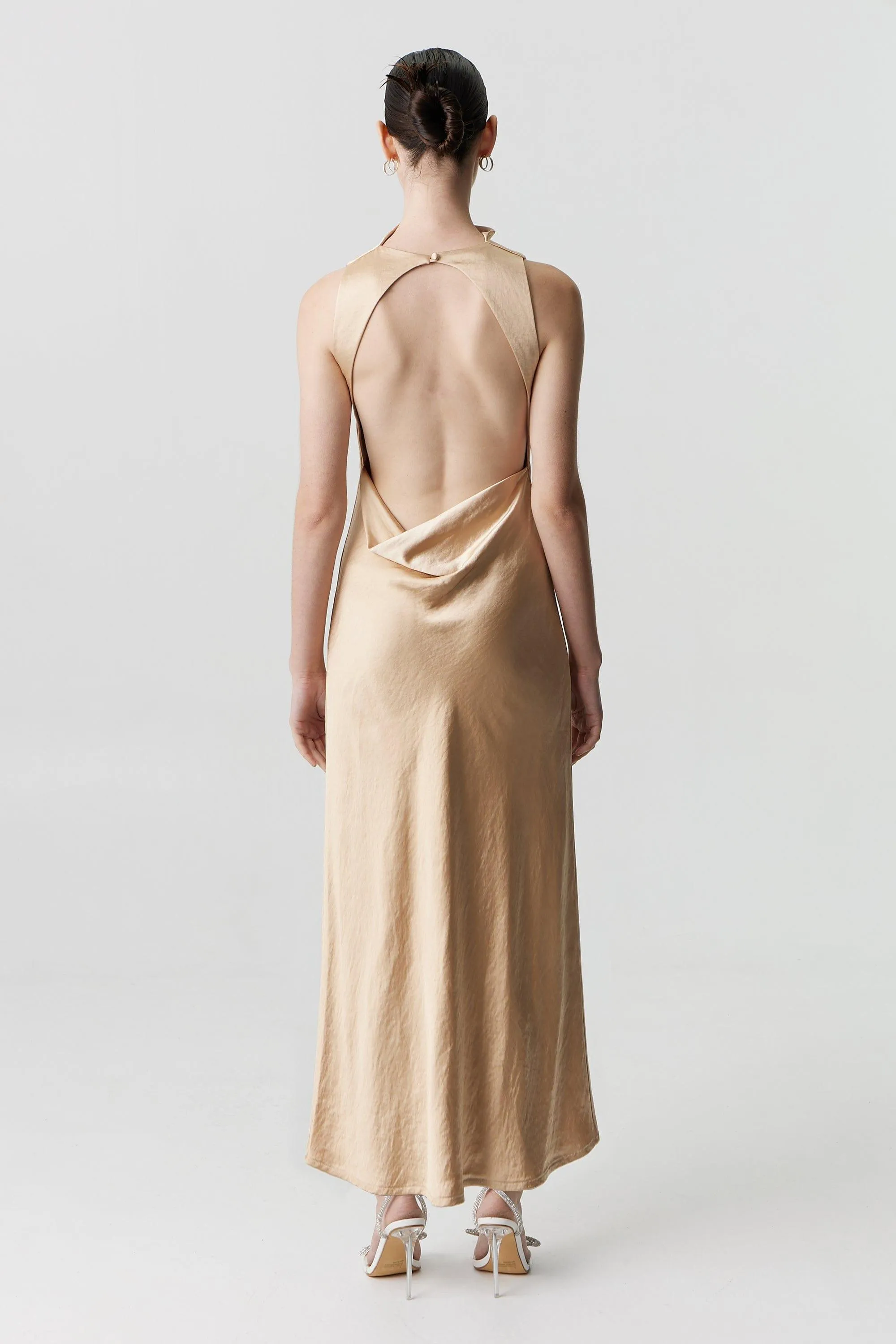 SATIN BIAS COWL BACK MAXI | SAND