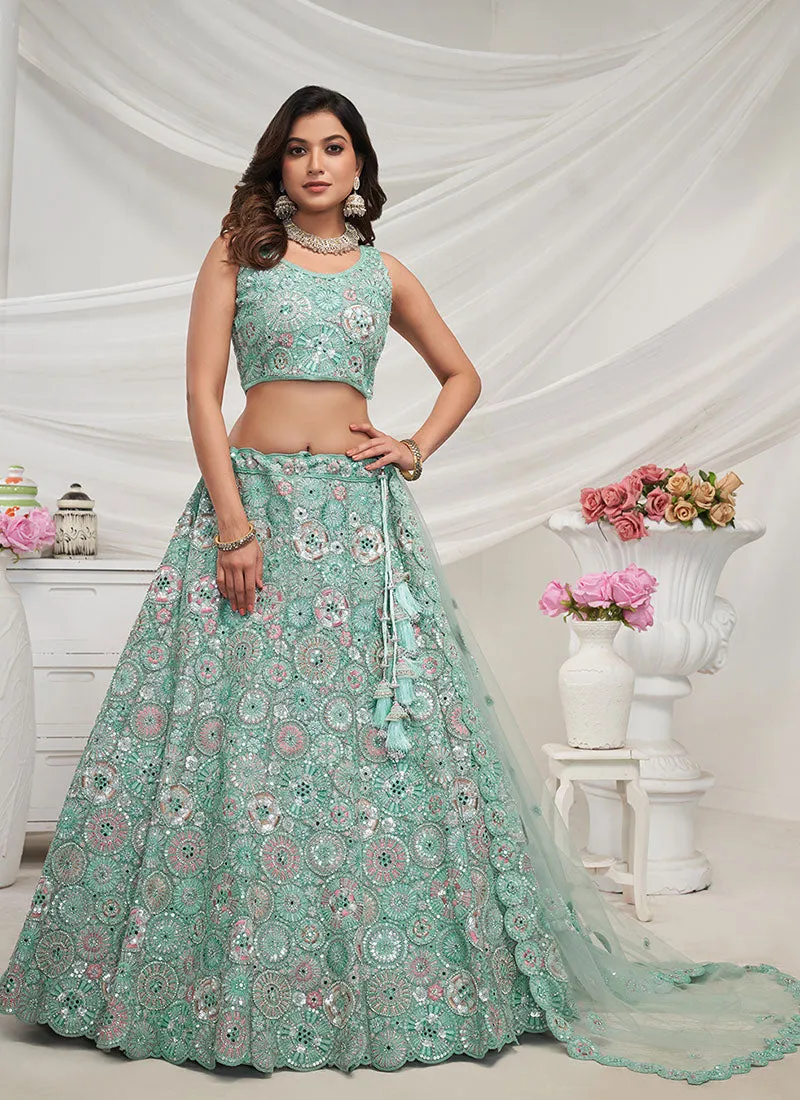 Sea Green Multi Thread And Sequence Embroidery Wedding Lehenga