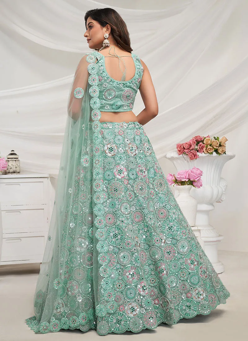 Sea Green Multi Thread And Sequence Embroidery Wedding Lehenga