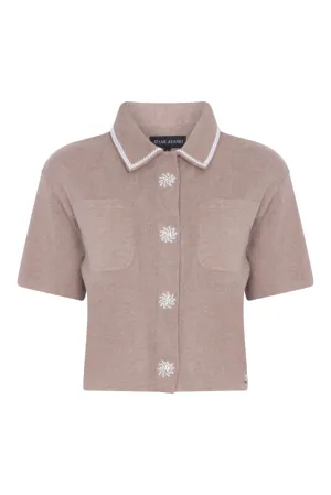 Short Sleeve Embellished Pocket Shirt in Taupe