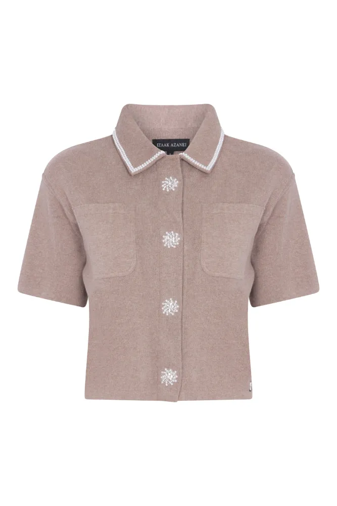 Short Sleeve Embellished Pocket Shirt in Taupe