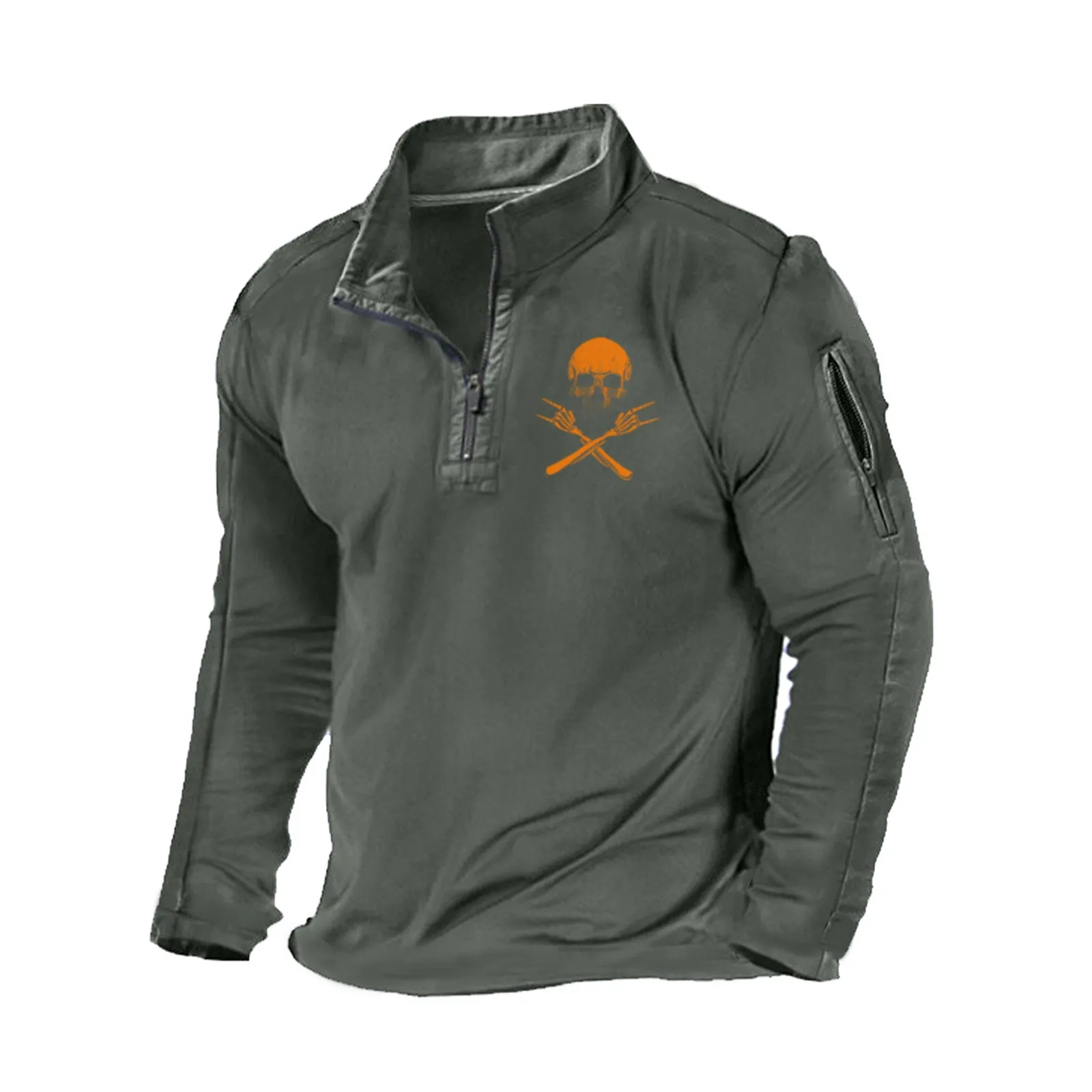 SKULL ZIPPER GRAPHIC POCKET SWEATSHIRT