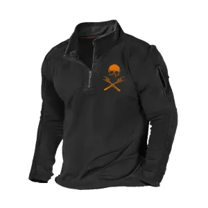 SKULL ZIPPER GRAPHIC POCKET SWEATSHIRT