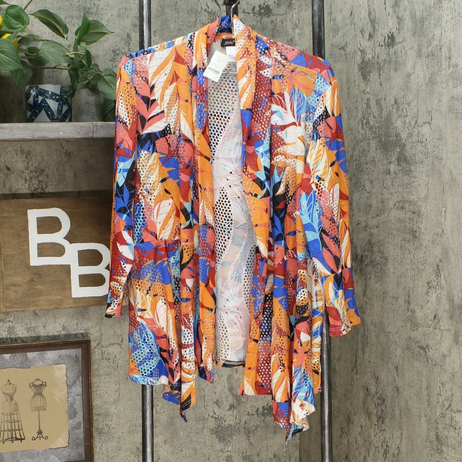 Slinky Brand Women's Plus Size Printed Peplum Front Crochet Jacket