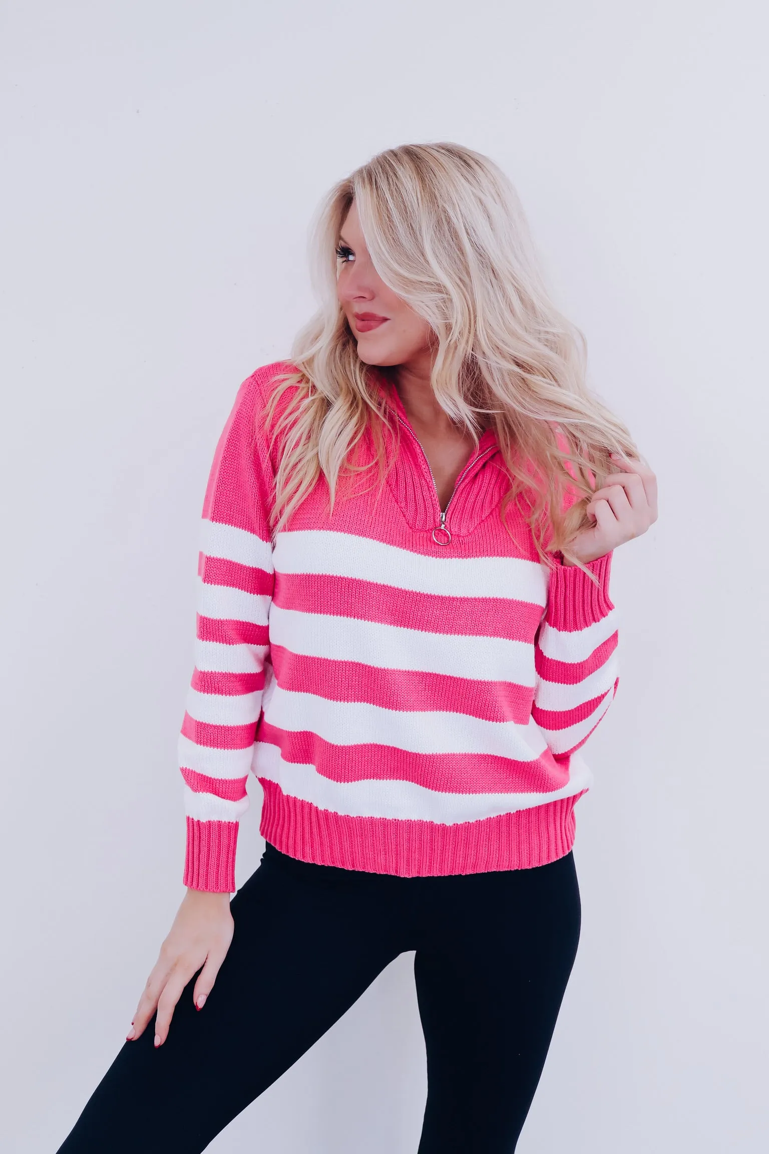 Spunky Striped Zip Neck Pullover - Pink