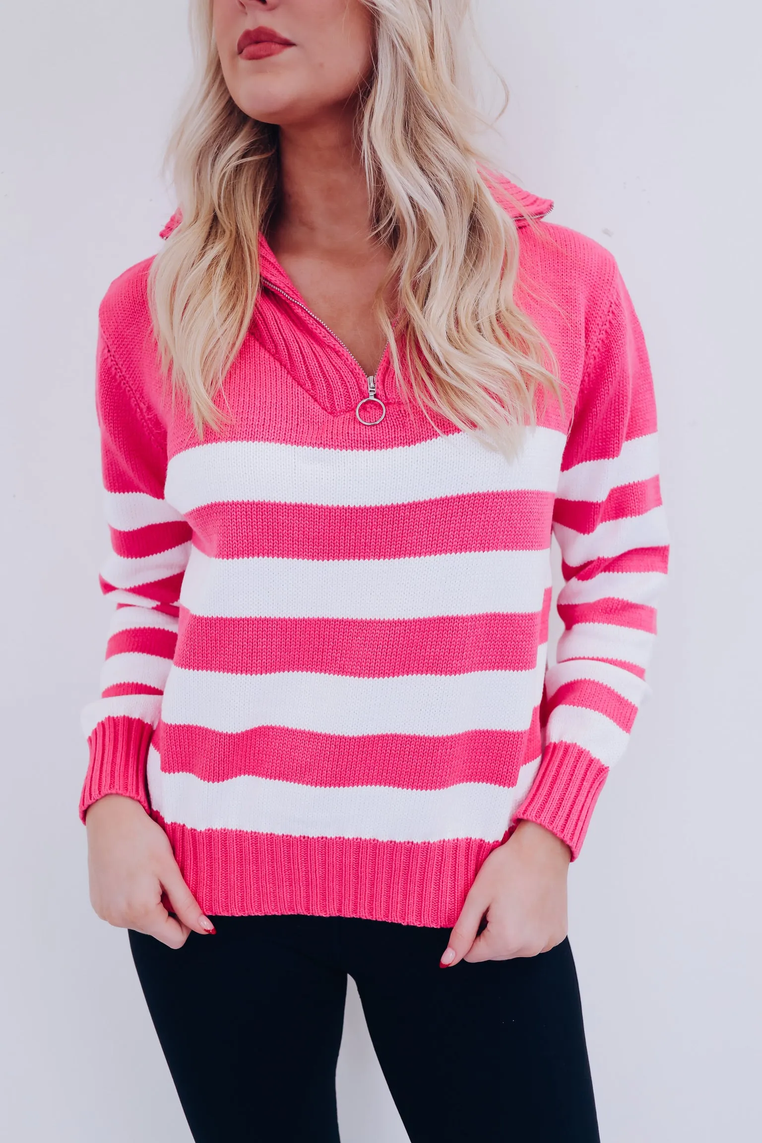 Spunky Striped Zip Neck Pullover - Pink