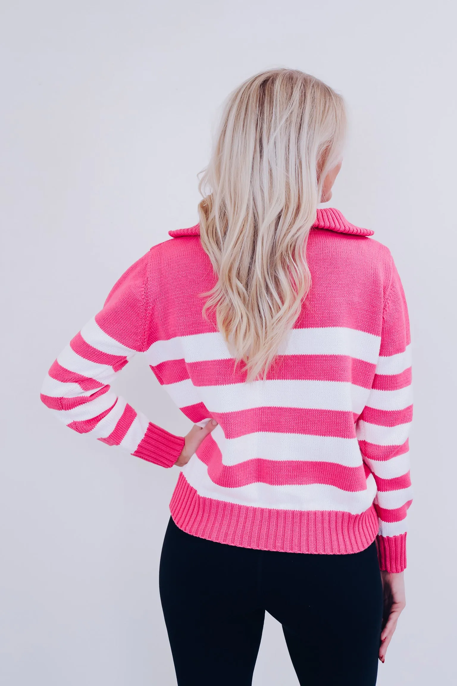 Spunky Striped Zip Neck Pullover - Pink
