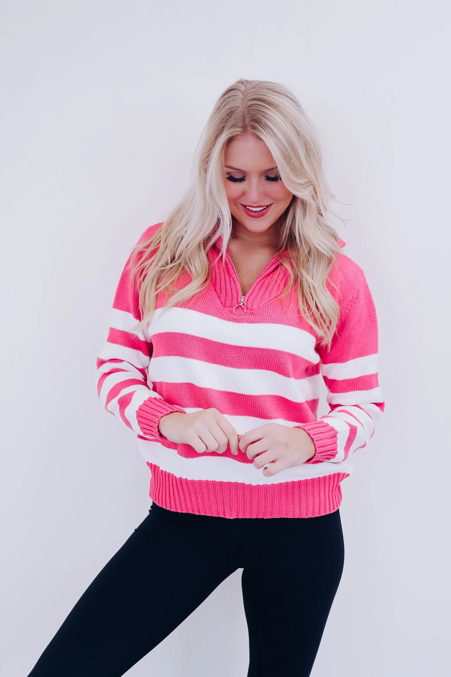 Spunky Striped Zip Neck Pullover - Pink