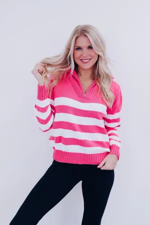 Spunky Striped Zip Neck Pullover - Pink