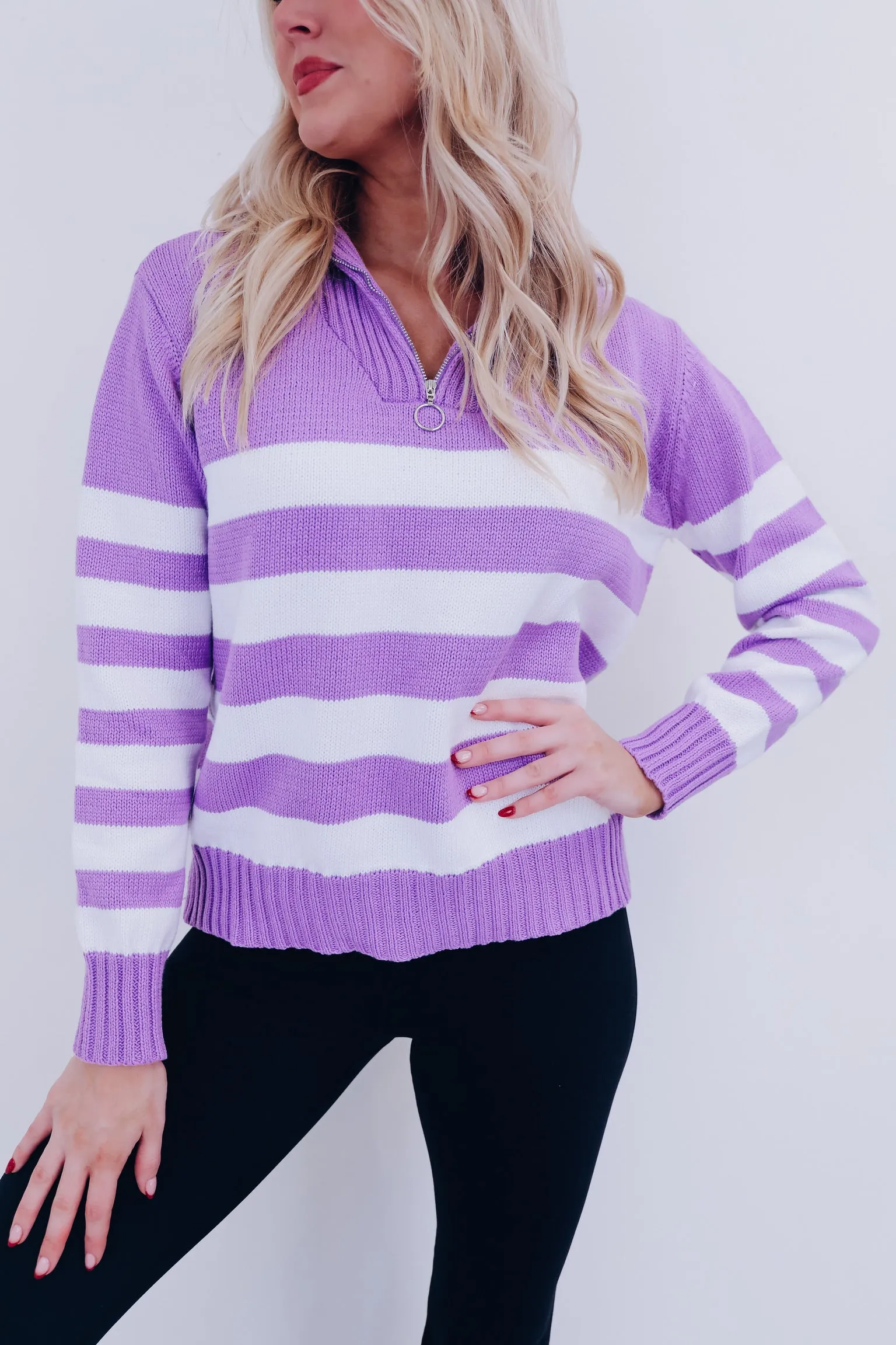 Spunky Striped Zip Neck Pullover - Purple