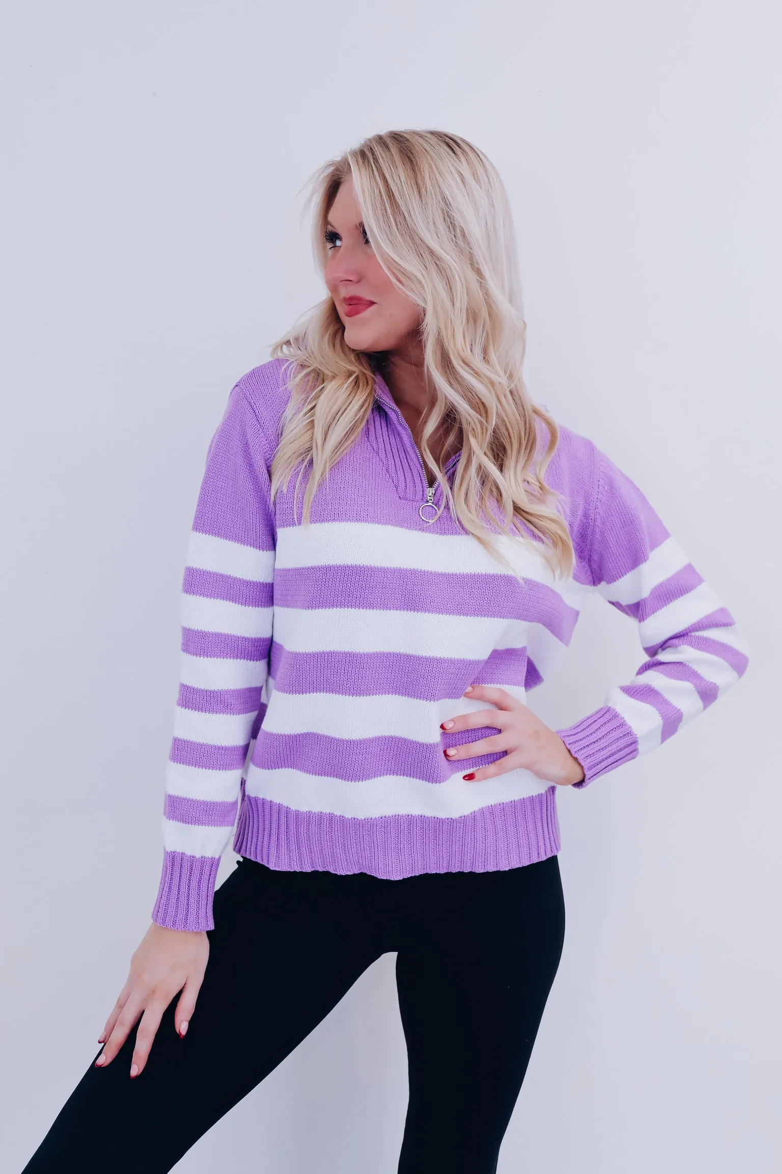 Spunky Striped Zip Neck Pullover - Purple
