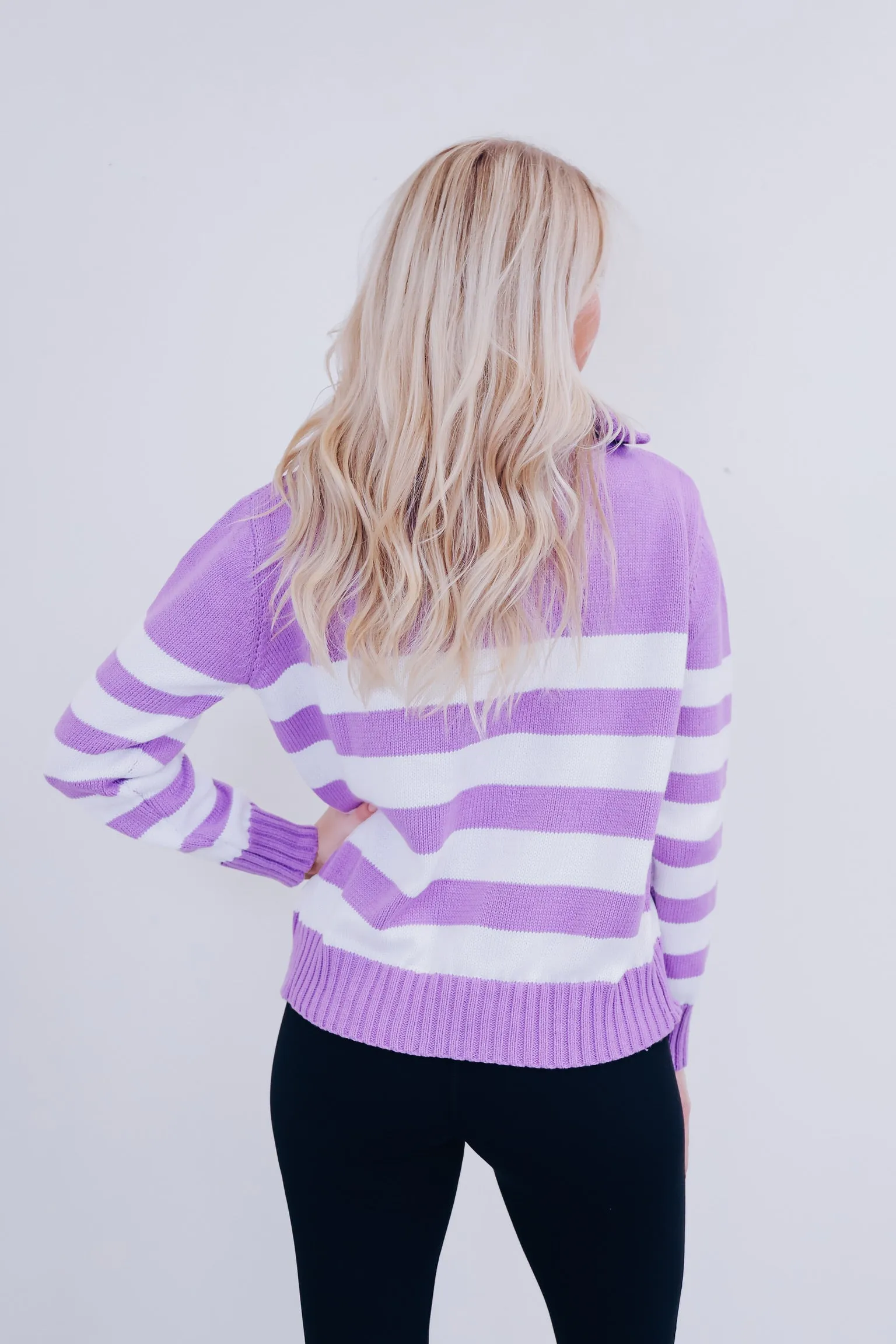 Spunky Striped Zip Neck Pullover - Purple