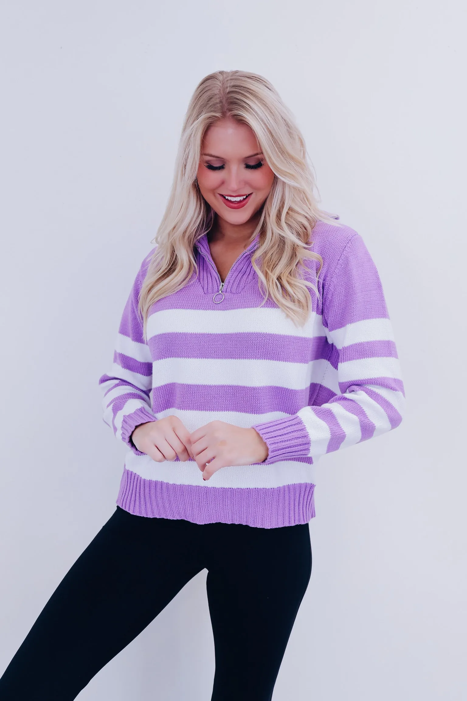 Spunky Striped Zip Neck Pullover - Purple